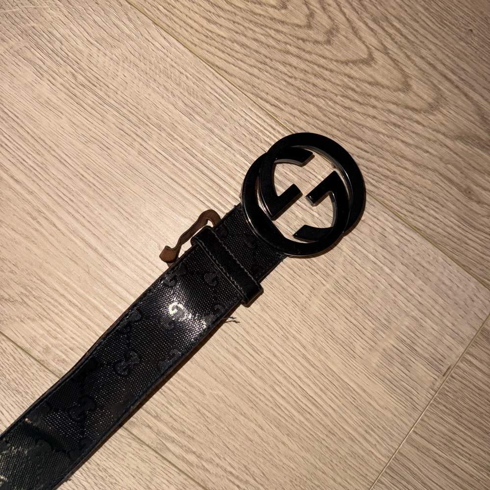 Gucci GG Monogram Print Interlocking G Black Buckle Leather Belt - Picture 2 of 8